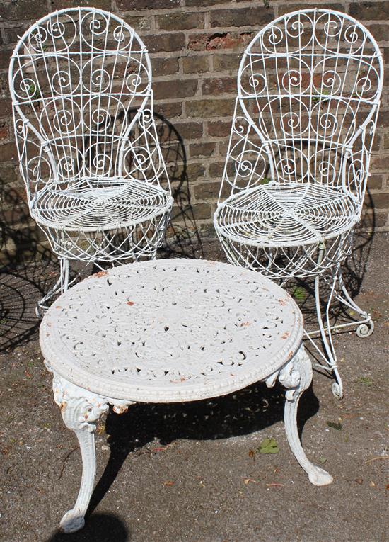 Pair of wire chairs & circular table